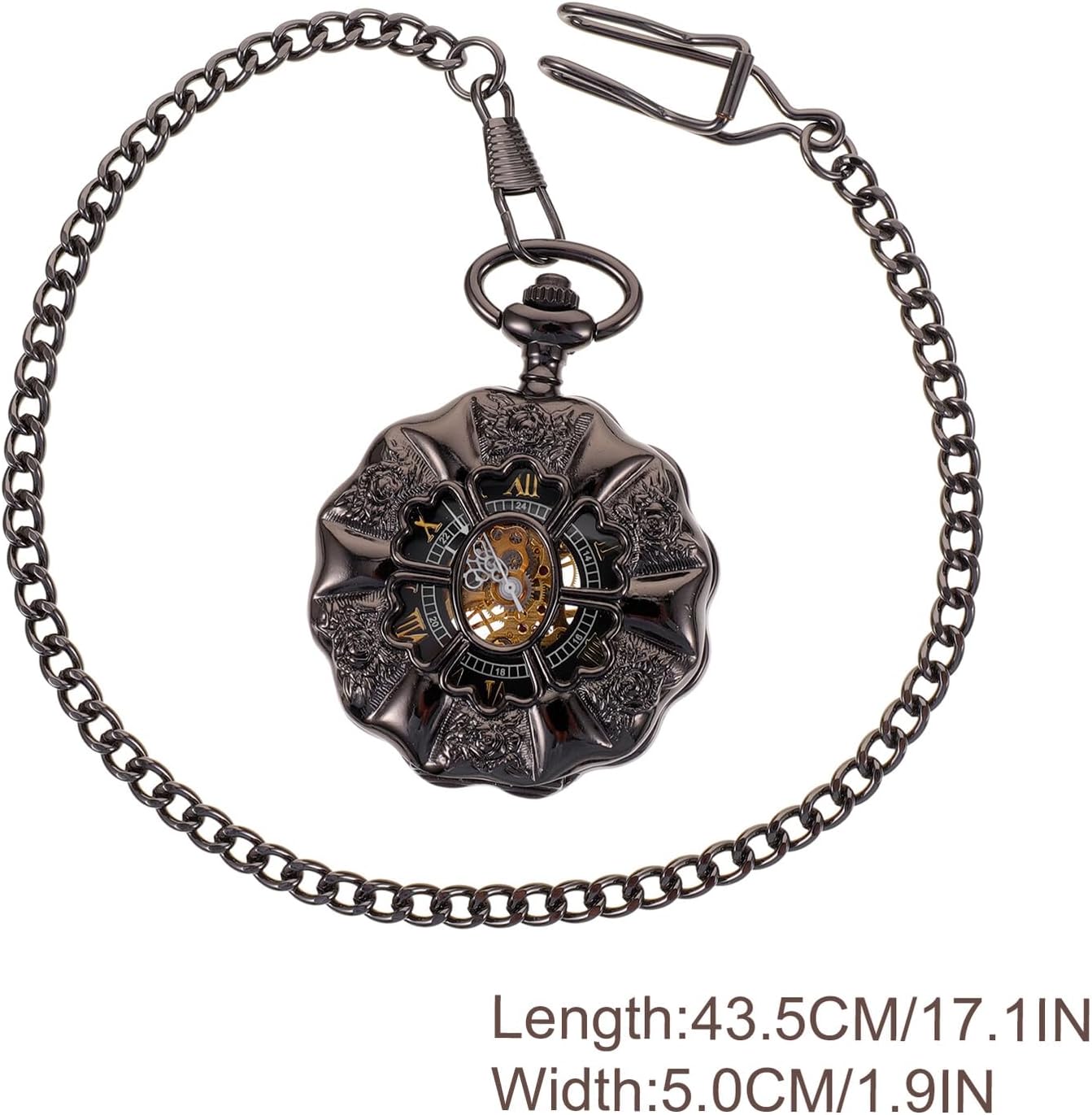 Vintage Mechanical Pocket Watch Hollowed Pumpkin Clamshell Dial with Chain Retro Hanging Watch for Men and Elderly