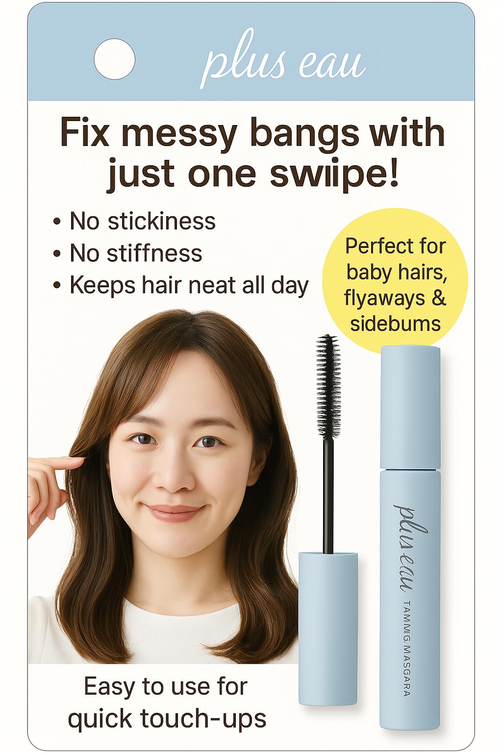 plus eau Point Repair Hair Styling Stick – Pure Soap Scent, 10ml (0.34 fl oz) – Tame Flyaways & Baby Hairs with Mascara-Style Brush – Non-Sticky, Portable, Made in Japan