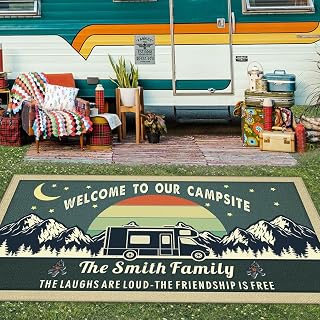 Custom Camping Rug Welcome to Our Campsite RV Trailer Decor Retro Camper Floor Mat for Outdoors, Patio, Backyard, Picnic, Beach, Camping, 48 x 72 Inch, RV-1