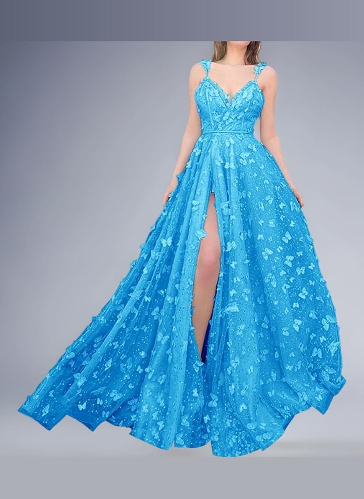 Abito Da Ballo Lungo In Tulle Con Farfalle 3D - Abito Sera Formale, Spalline, Schiena Scoperta - Foto 8