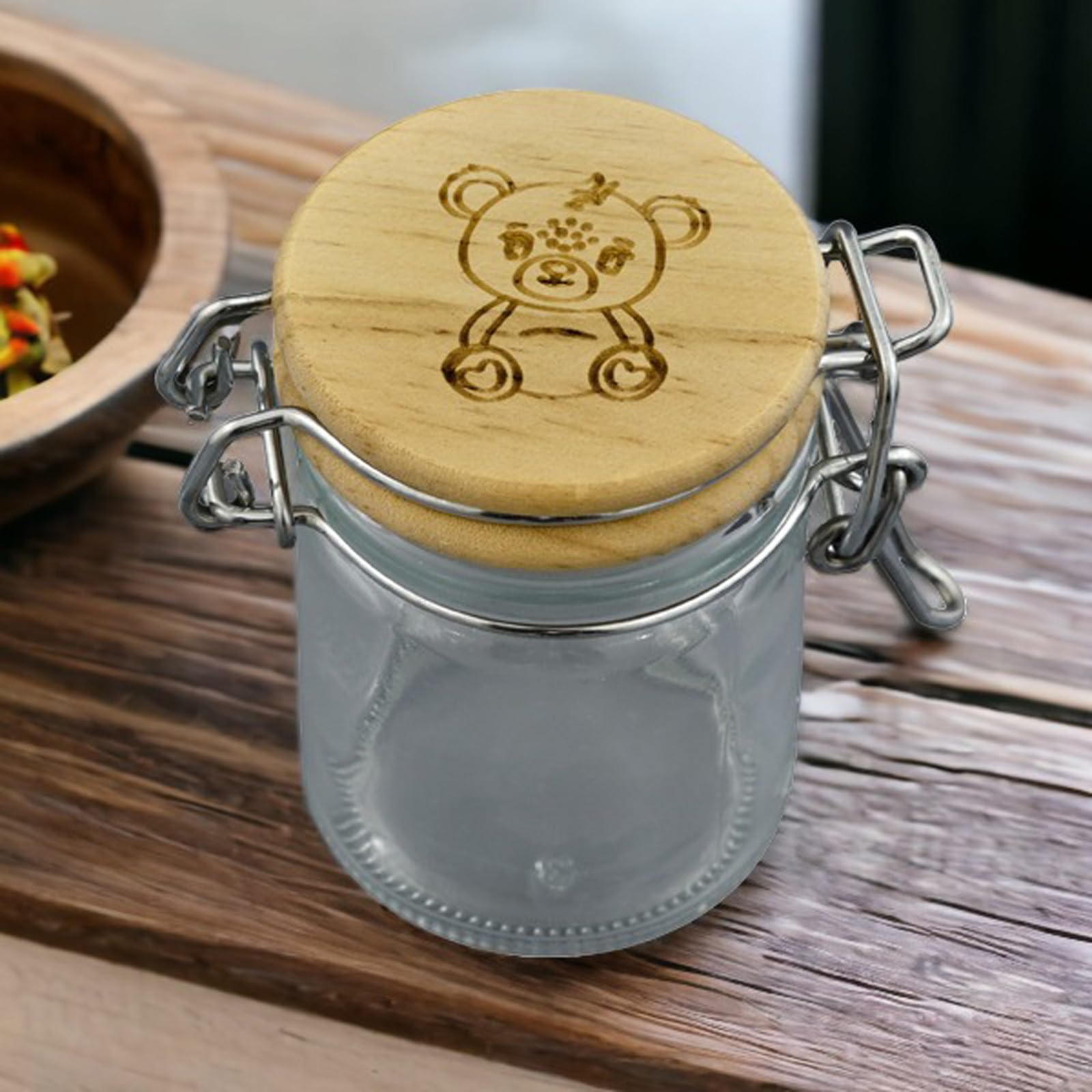 Doni Bomboniere Tarro con tapón de madera para guardar especias, caramelos, peladillas, malvaviscos, bautizos, primer cumpleaños, niño y niña, hermético, grabado tierno con osito de peluche, 12