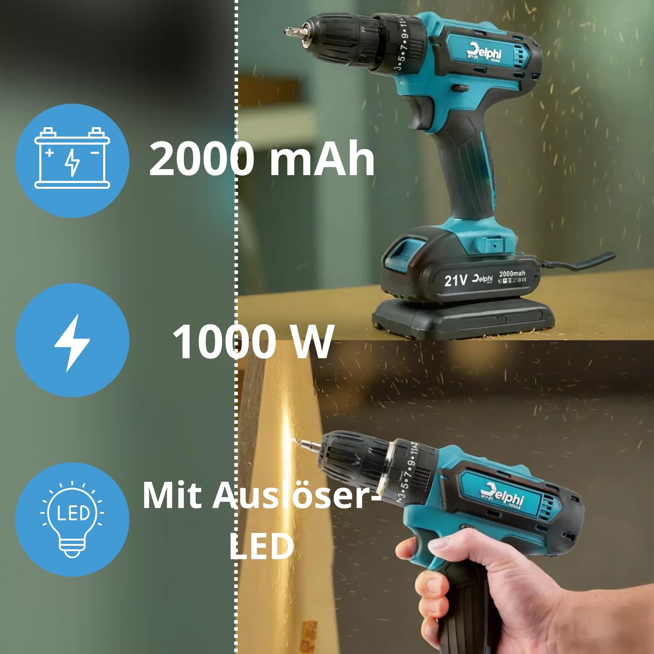 Delphi Atornillador inalámbrico de 21 V 2 baterías 2 Ah 50 Nm 2 marchas 25 niveles de par de torsión, luz LED maletín taladro inalámbrico ideal para proyectos de bricolaje