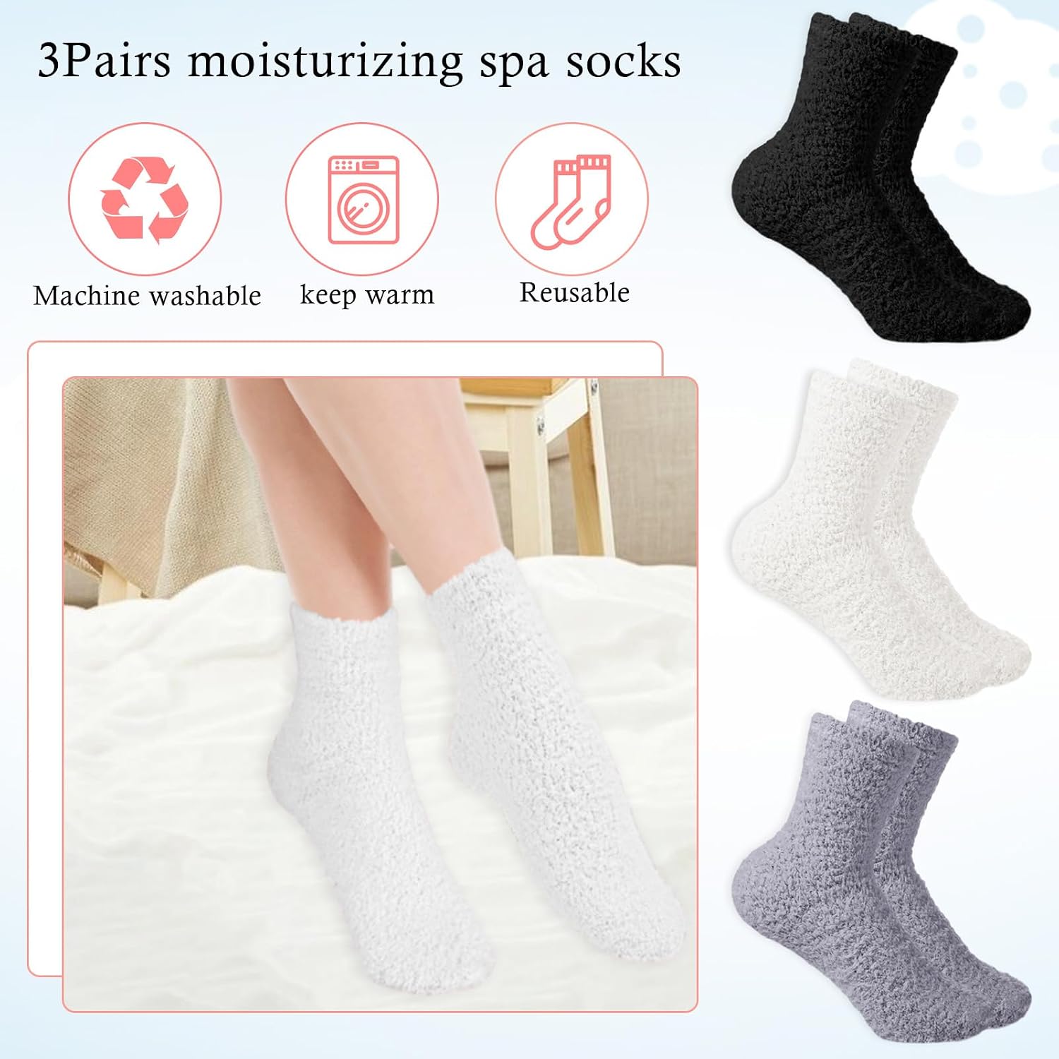 3 Pairs Gel Socks Soft and Comfortable Aloe Socks Fluffy Coral Fleece Lotion Sock Fit Moisturizing Sock for Repairing Softening Dry Cracked Heel Women Men(Black White Gray)