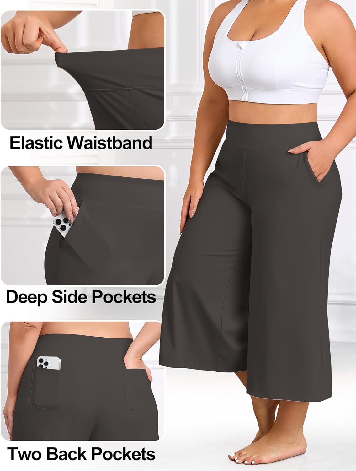 COOTRY Women's Plus Size Capri Pants Wide Leg Yoga Dress Capris High Waist Loose Lounge Travel Summer with Pockets - Image 4