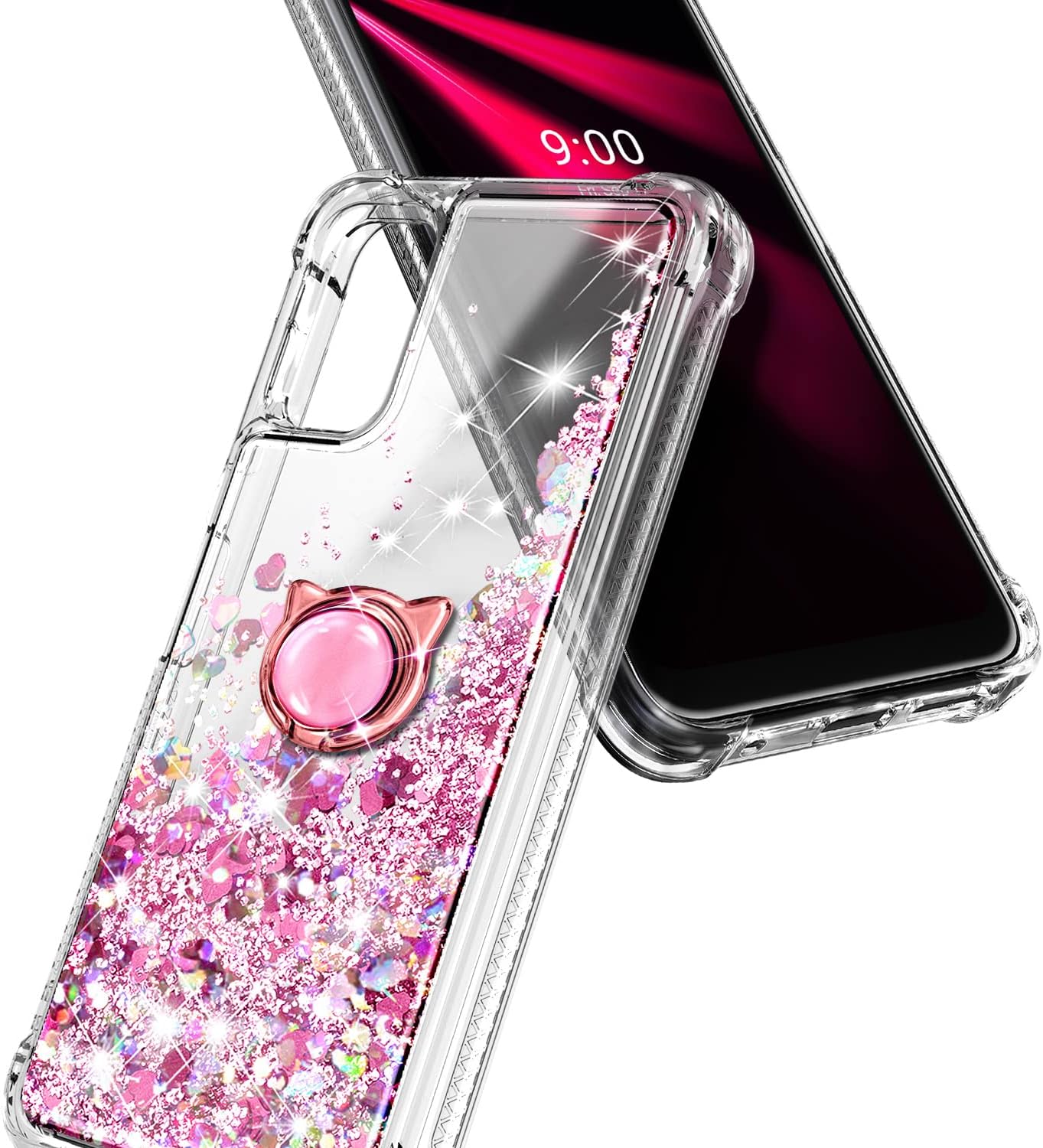 NZND Case for T-Mobile REVVL V (6.52" 4G 2021) with Tempered Glass Screen Protector (Maximum Coverage), Ring Holder/Wrist Strap, Women Girls Sparkle Glitter Liquid Cute Case (Rose Gold)