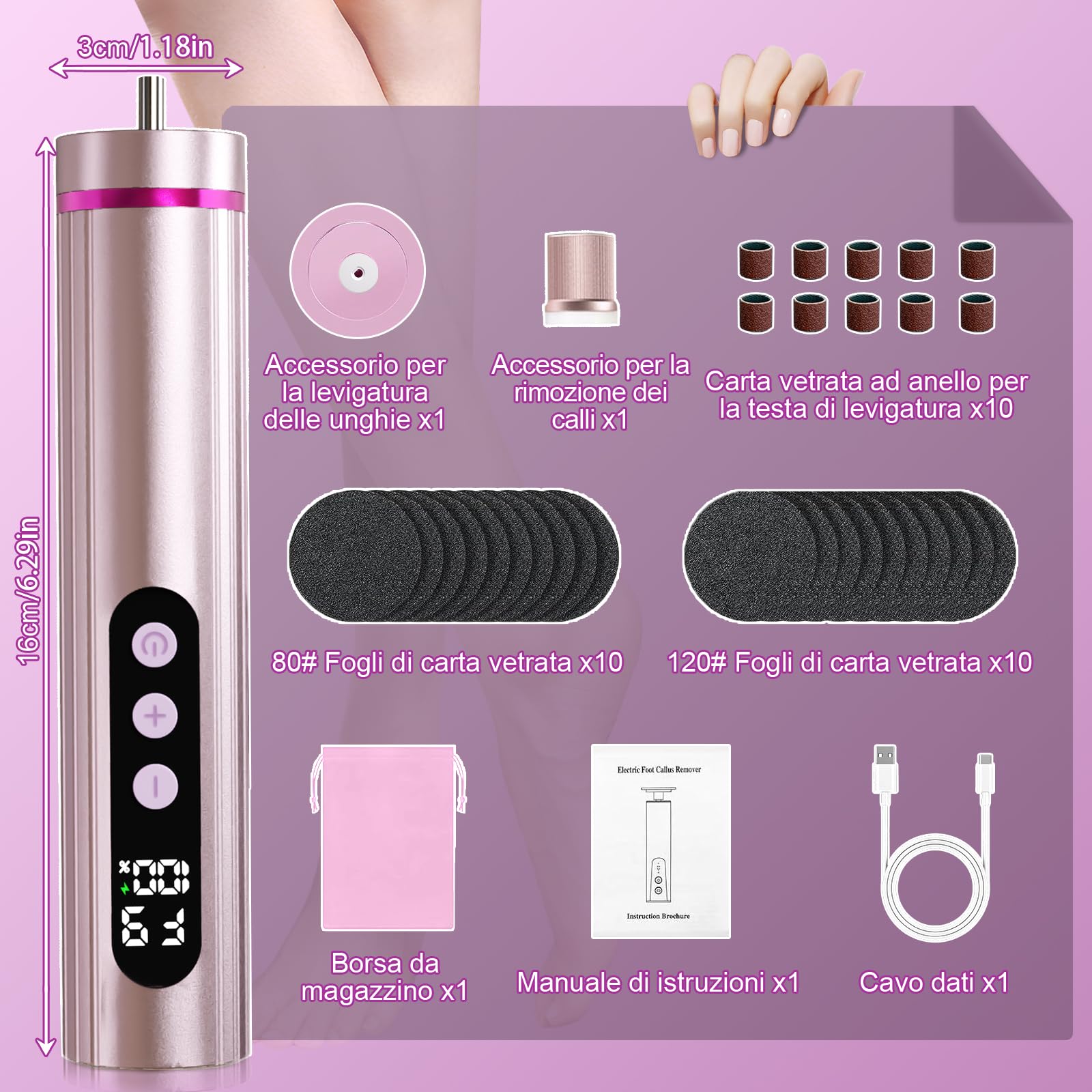 2 in 1 Pedicure Elettrico Professionale Pied,9 Velocità Rimuovi Calli Piedi Elettrica con Display LCD, Dischetti Sostituibili, Lima per Piedi Talloni Cura Piedi e Unghie,Rosa