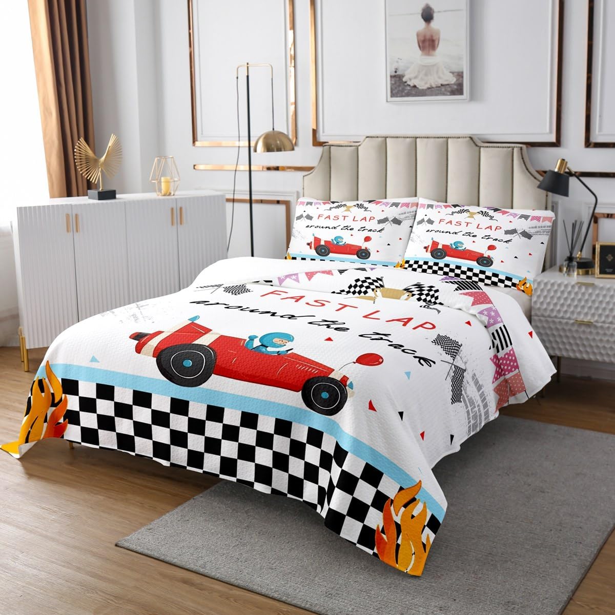 Erosebridal Racing Car King Bedspread Set for Boys Child,First Lap Around The Track Bedding Set Kids Cartoon Race Car Coverlet Set Black and White Checkered Plaid Grid Bed Set with 2 Pillow Cases