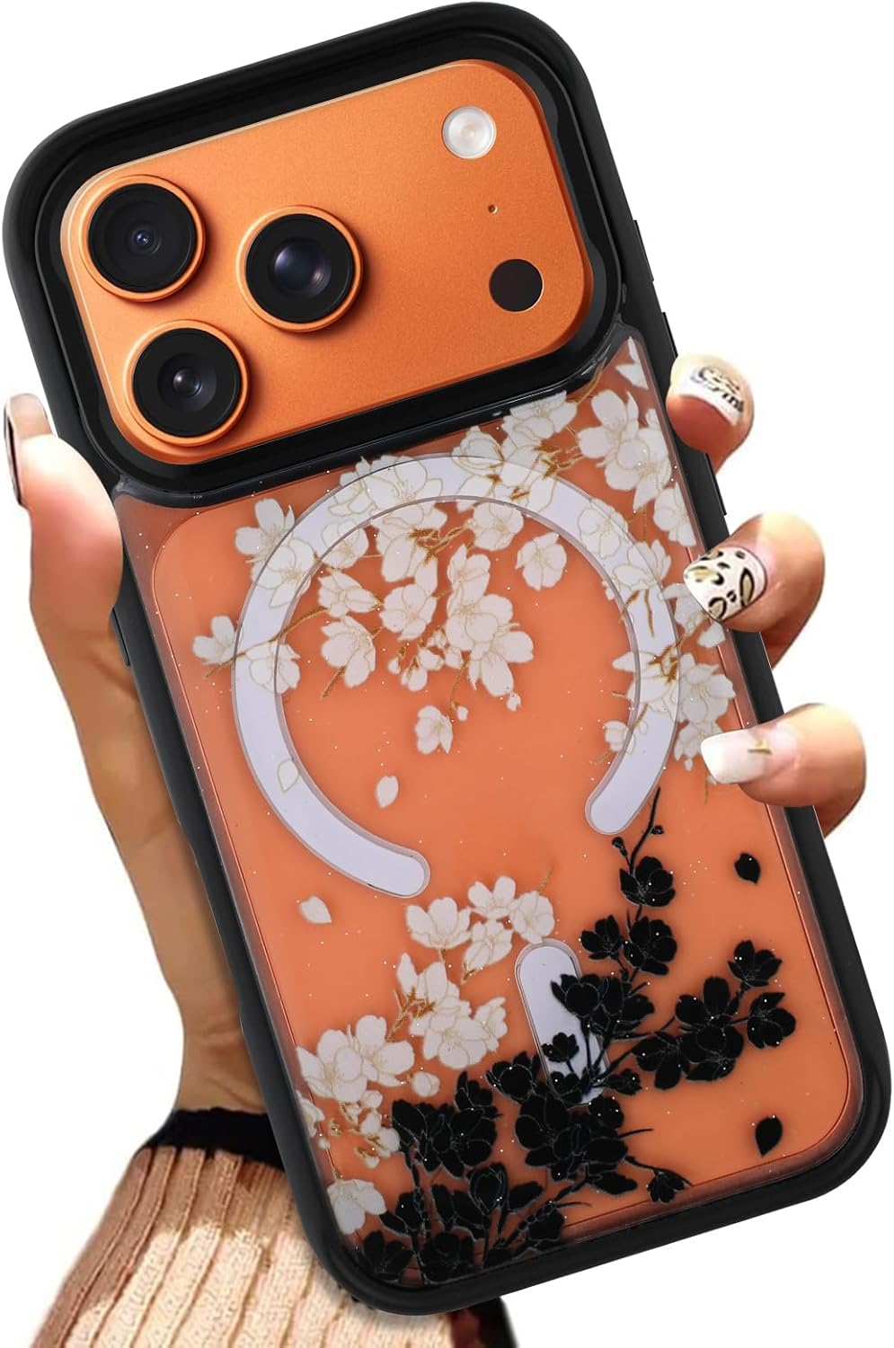 OOK Case Fit for iPhone 17 Pro Max 6.9 Inch (Compatible with MagSafe) Clear Glitter Phone Cover with Hot Pink Floral Flowers Design Soft TPU + Hard PC Anti-Scratch Shockproof Magnetic Case for Women