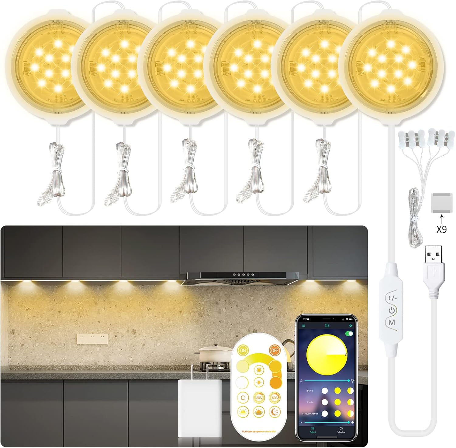Daymeet Under Cabinet Lights for Kitchen, Dimmable LED Puck Lights Kit LED Closet Light, Plug in Under Counter Light USB Indoor Night for Shelf, Bedroom