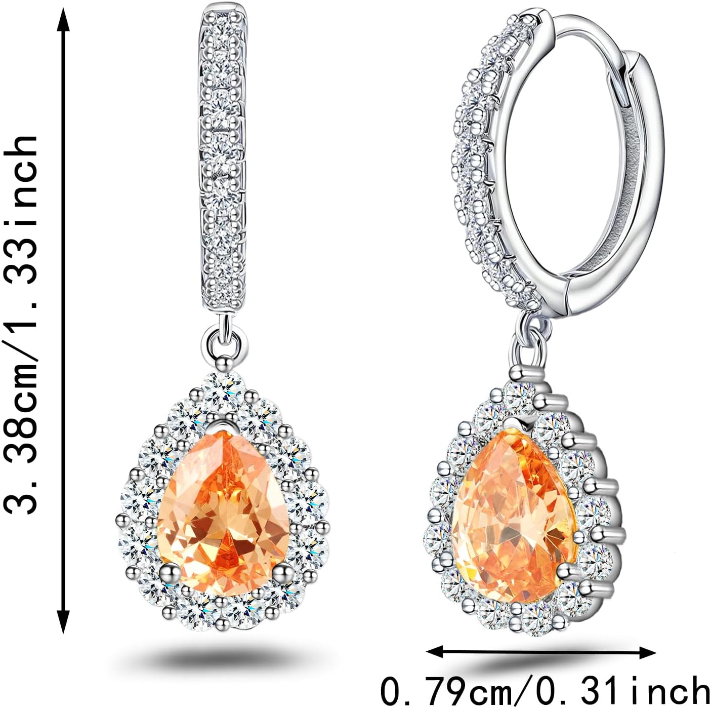 Champagne - Colored Teardrop Huggie Hoop Earrings S925 Sterling Silver Plated White Gold Yellow Cubic Zirconia Waterdrop Dangle Drop Earrings for Women Her Wedding Anniversary Christmas Birthday Gifts - Image 6