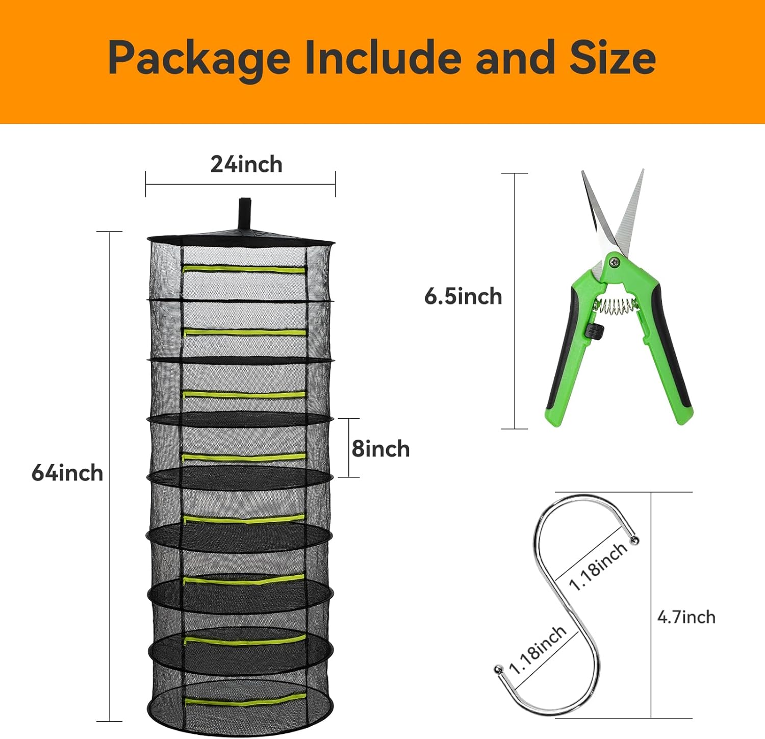 Herb Drying Rack - Mesh Drying Rack - Herb Drying Rack Hanging with Green Zipper & Garden Pruning Shears for Drying Herb - Hanging Drying Rack - Plant Drying Rack (6 Layers), Black, 12154