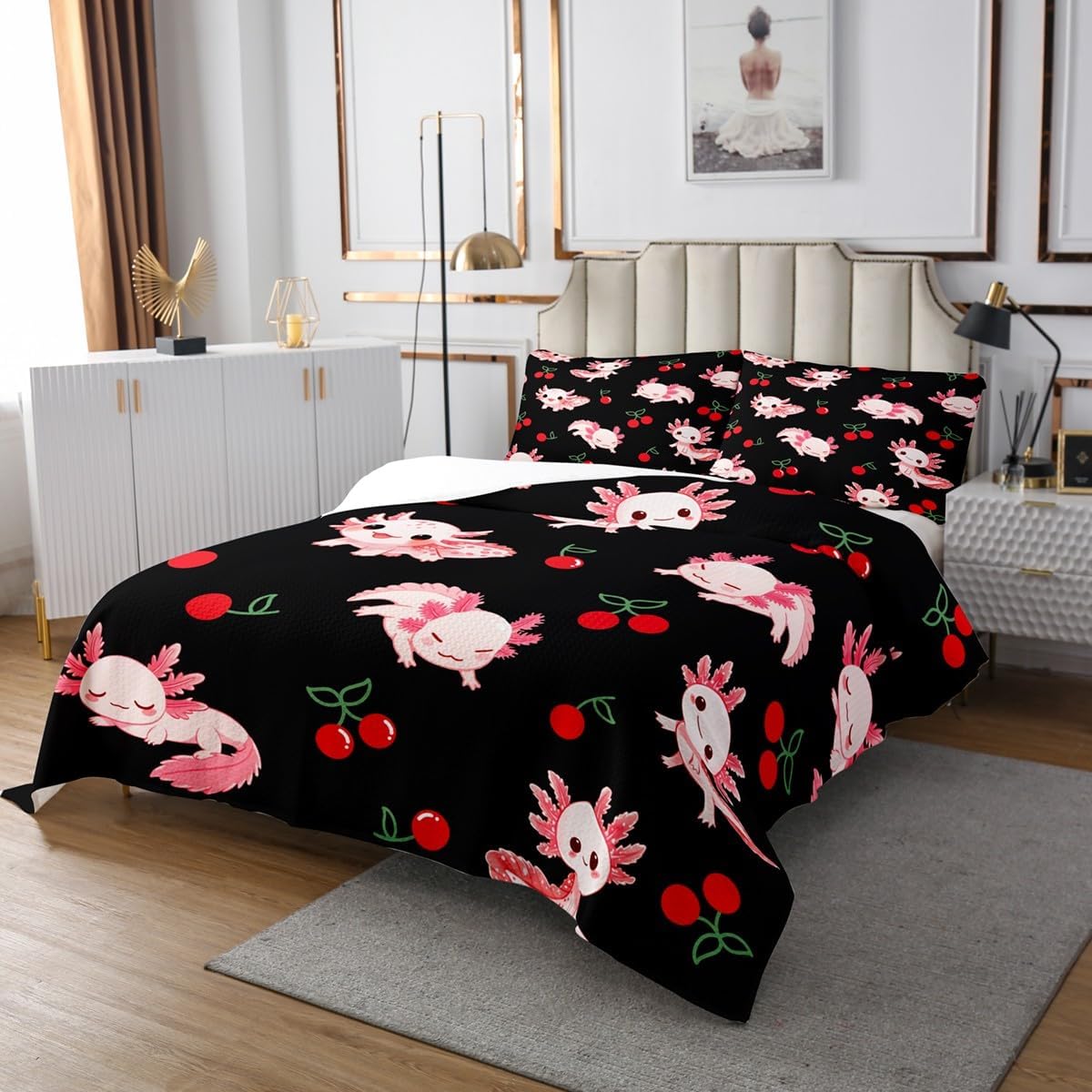 Erosebridal Cute Axolotl Twin Coverlet Set for Kids, Red Cherry Bedspread Kawaii Salamander Quilt Sets for Girls Boys Teens Women Bedroom, Cartoon Coastal Animal Bedding Set 2 Piece, Black