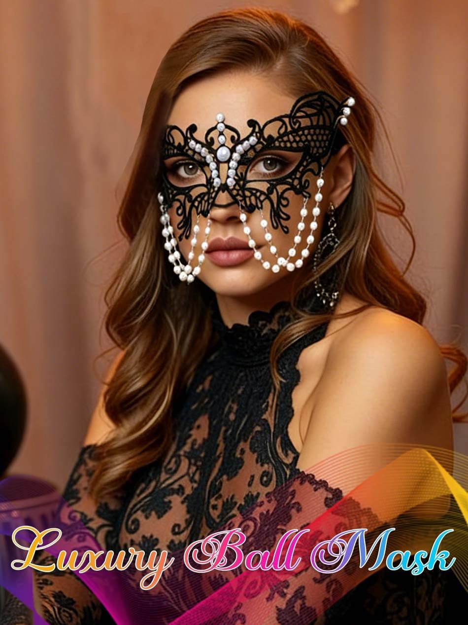Pearl Masquerade Mask for Women Black Lace Masks Prom Costume Party Eye Mask Luxury Venetian Ball Mask