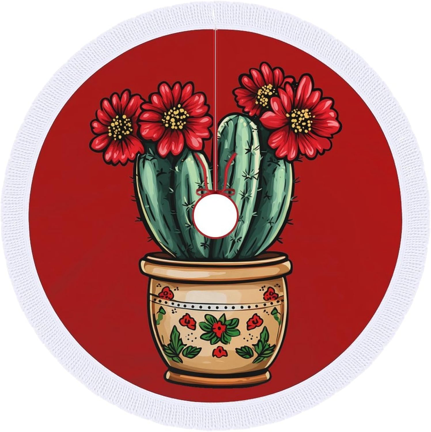 Cactus Plant Christmas Tree Skirt Round Xmas Tree Mat Ornaments Tree Skirts with Tassels for Holiday Party