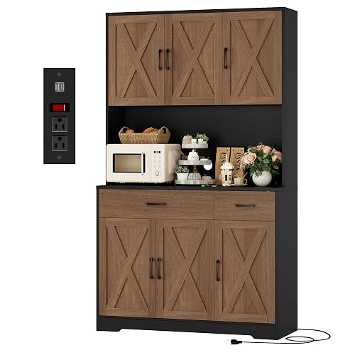 HOSTACK 71'H Kitchen Pantry Storage Cabinet, Farmhouse Hutch Cabinet, Brown | Space-Saving Pantry Cabinet with Charging