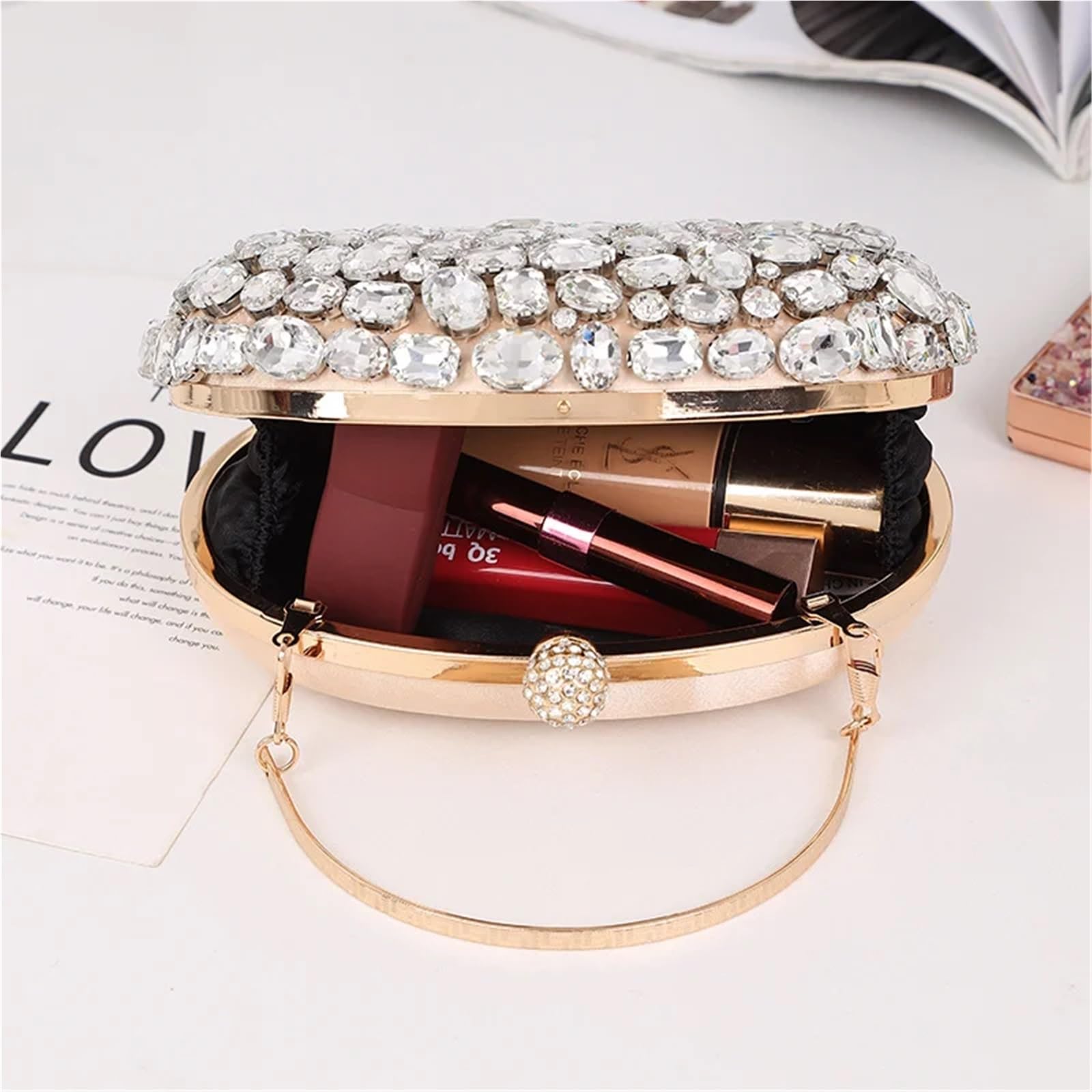 Bolso de mano de noche for novia con cuentas y cristales de imitación de diamantes de imitación ovalados Para Boda Fiesta, Banquete