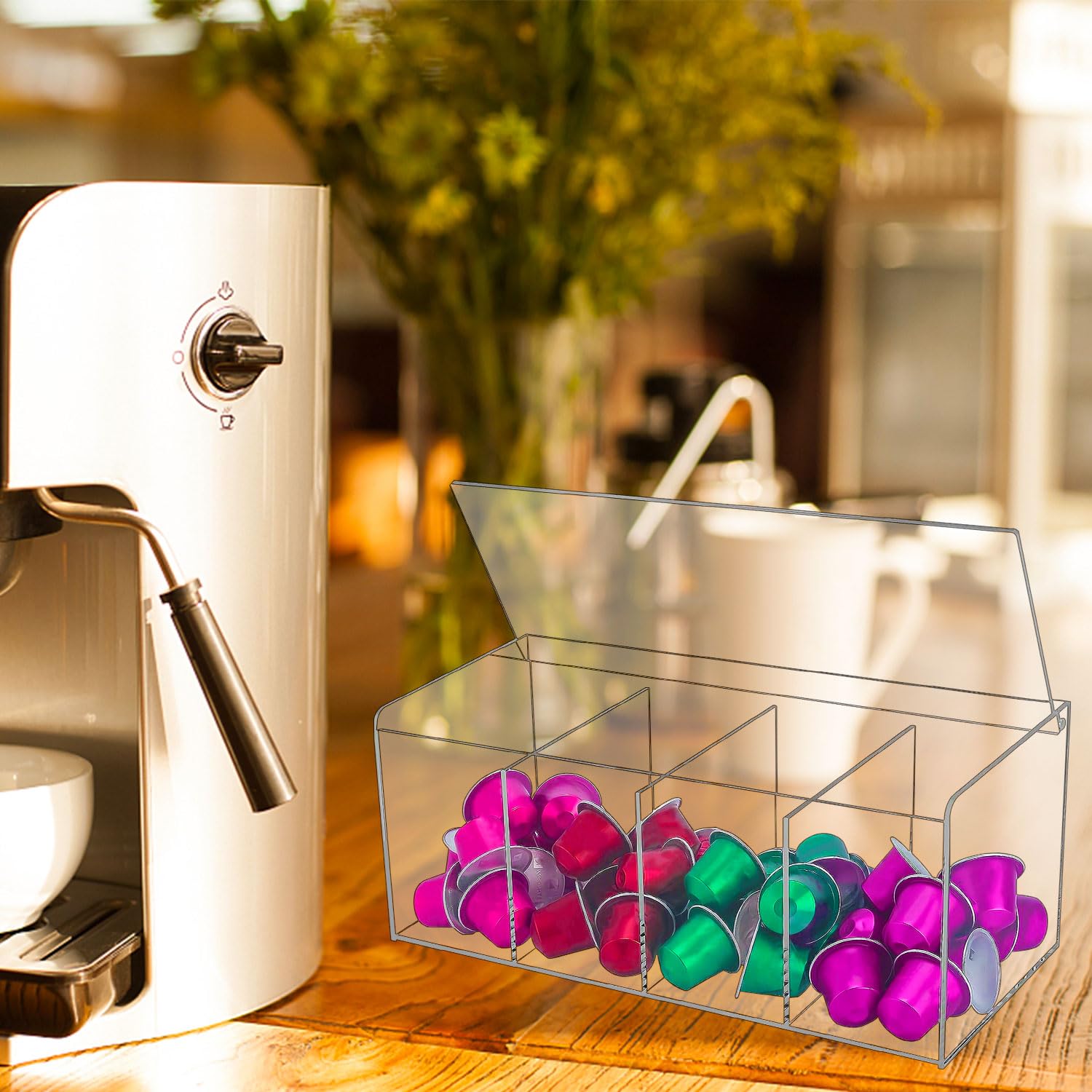 Grand support de dosettes de café, distributeur de capsules en acrylique transparent avec compartiment, boîte de rangement en plastique avec couvercle pour toutes les dosettes de café,