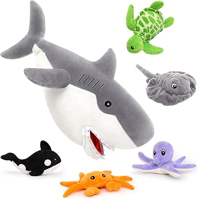 MorisMos Shark Stuffed Animal Shark Plush, Giant Stuffed Shark with Babies, Big Shark Pillow with 5 Sea Animals-Turtle, Whale, Octopus, Stingray & Crab Plush Toys 23in