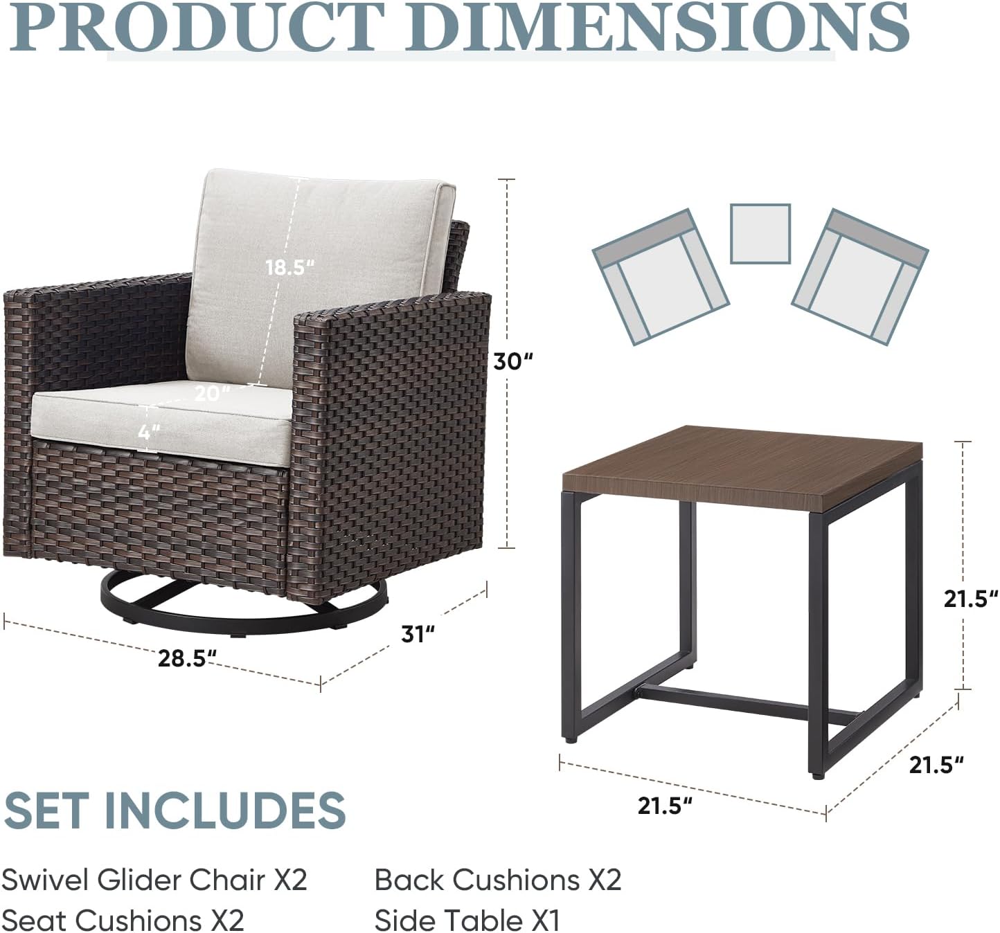 Outdoor Swivel Rocking Chairs,3 Pieces Patio Bistro Sets Rattan Chairs Set of 2 with Matching Side Table for Deck Porch Garden Backyard-Brown/Beige