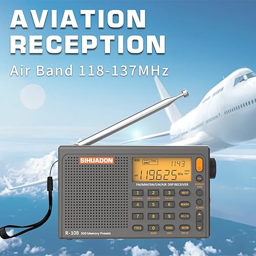 Miniatura 5 de SIHUADON R-108 Radio portátil AM FM SW LW Airband, pequeña radio de emergencia retro digital funciona con pilas, 5 W, altavoz con alarma para
