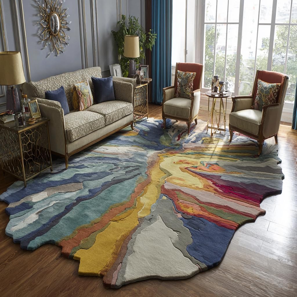 Restoration and Renovation Handmade Irregular Shape Wool Area Rug – Colorful Abstract Tufted Carpet – Modern Designer Statement Rugs for Living Room, Bedroom & Home Décor (Multicolor A, 5' x 8')