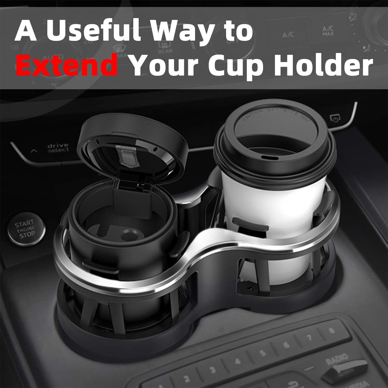 iSaddle Car Cup Holder Extender with Adjustable Mounting Base - Cup Slot 1-2 Splitter Expander Organizer Fits Vehicle Boat Truck RV Holds Standard Drinks Water Bottles
