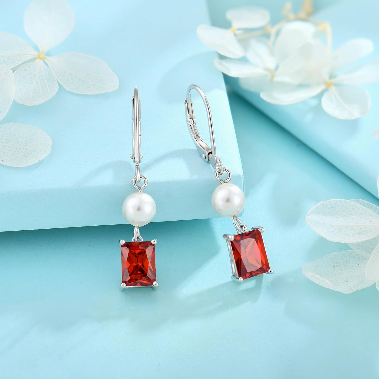 FJ Pearl Drop Earrings 925 Sterling Silver Emerald Cut Dangle Leverback Earrings Birthstone Jewelry Gifts for Women - Image 4