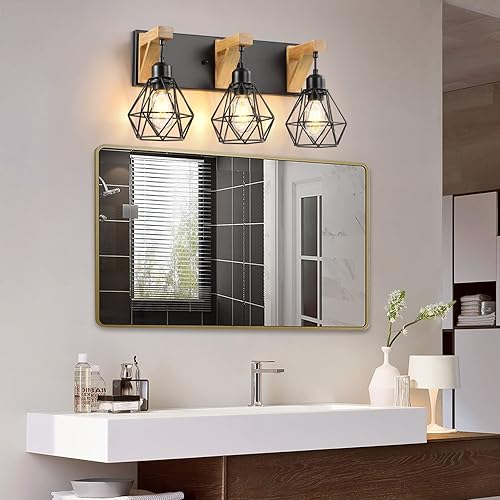 Miniatura 2 de Lámpara de tocador de casa de campo de 4 luces para baño, lámparas de baño de madera sobre el espejo, apliques rústicos iluminación de pared con
