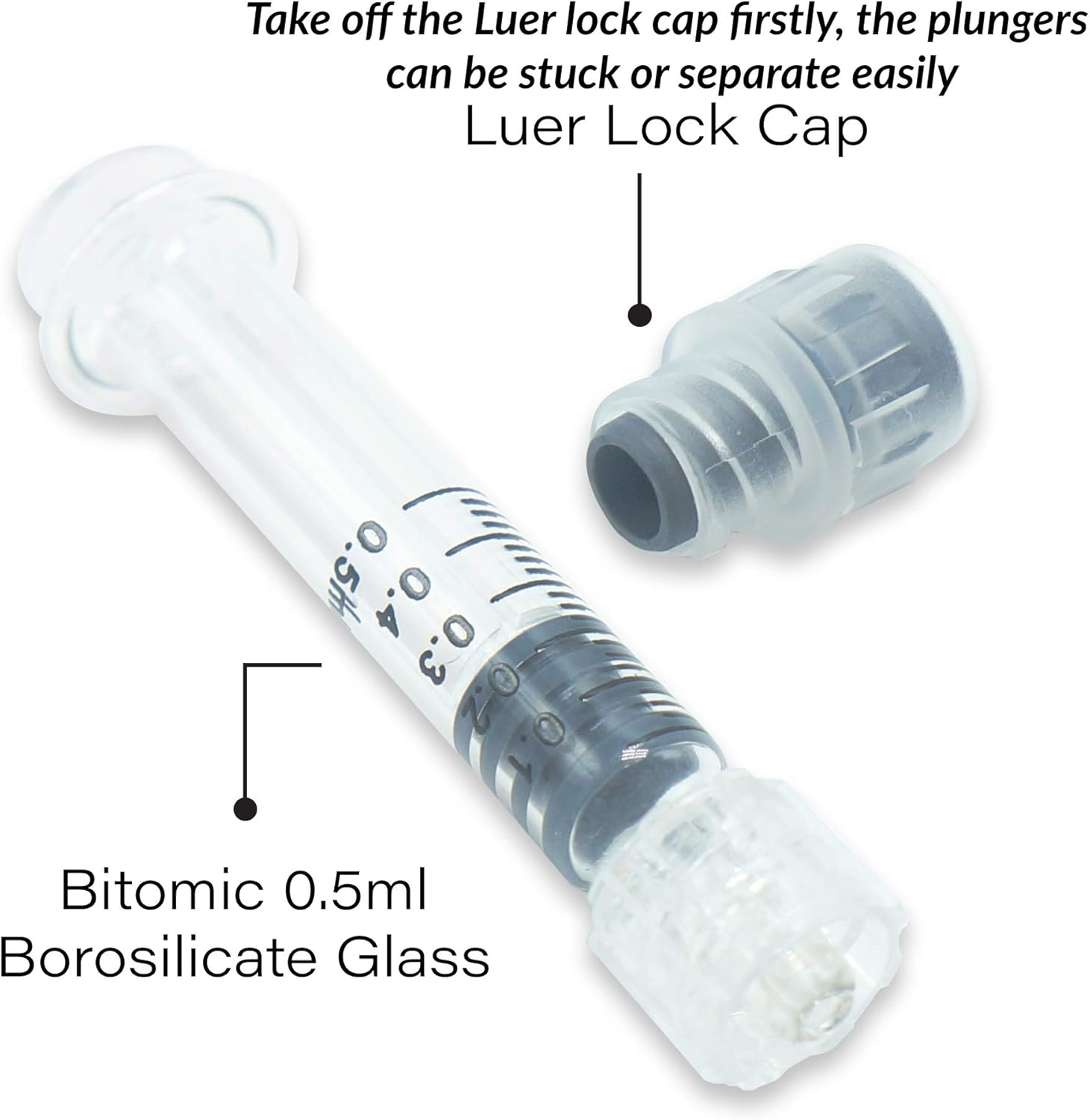 0.5ML Borosilicate Glass Syringe with Plastic Plunger 100 Pack | Anti-Leak Luer Lock Syringe without Needle | Accurate Measuring Syringe for Liquid, Glue, Oil w/ Borosilicate Glass Tube
