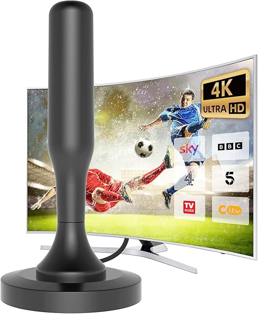 Indoor TV Aerial, 360° Reception & Strong Magnetic Base, Freeview Aerial, Long Range Reception, Supports 4K 1080p and All TV's-10ft Long Cables