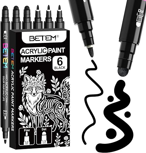 Betem 6 marcadores de pintura acrílica negra, kits de decoración de tela de doble punta, bolígrafos de pintura acrílica a base de agua de alta