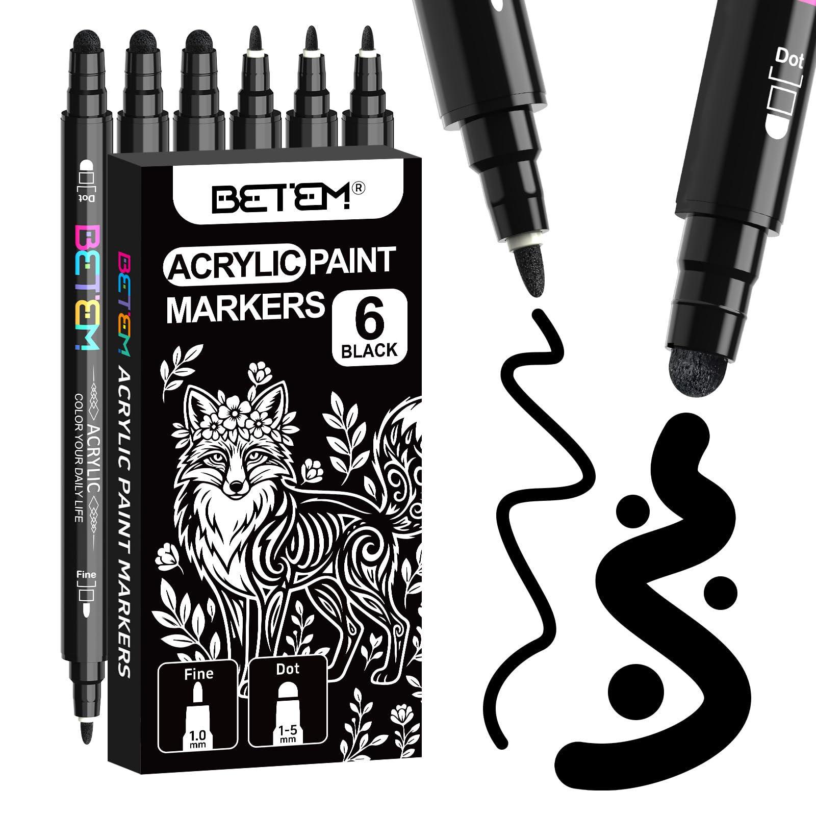 Betem Dual Tip Acrylic Paint Markers Black, 6-Pack | Premium Water-Based Ink for Fabric & Crafts - main product image