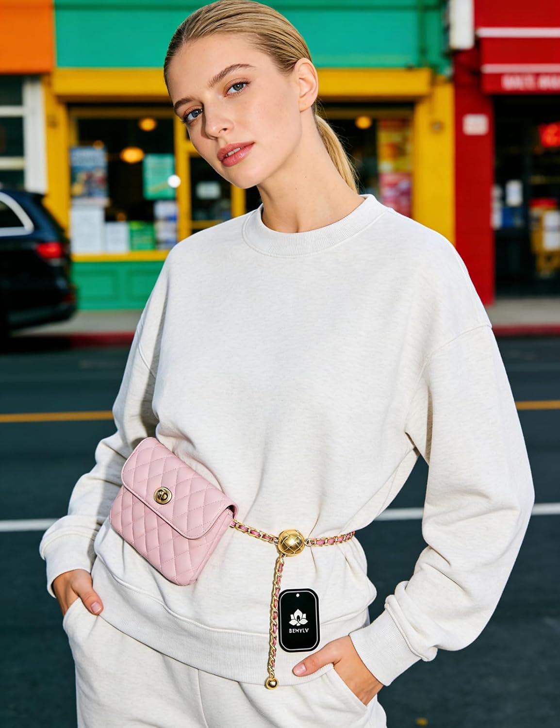 Leather Chain Belt Bag for Women Pink Crossbody Waist Purse Fanny Pack Fashion Waist Packs Evening Clutch Mini Handbag Bag Chain Detachable - Image 2