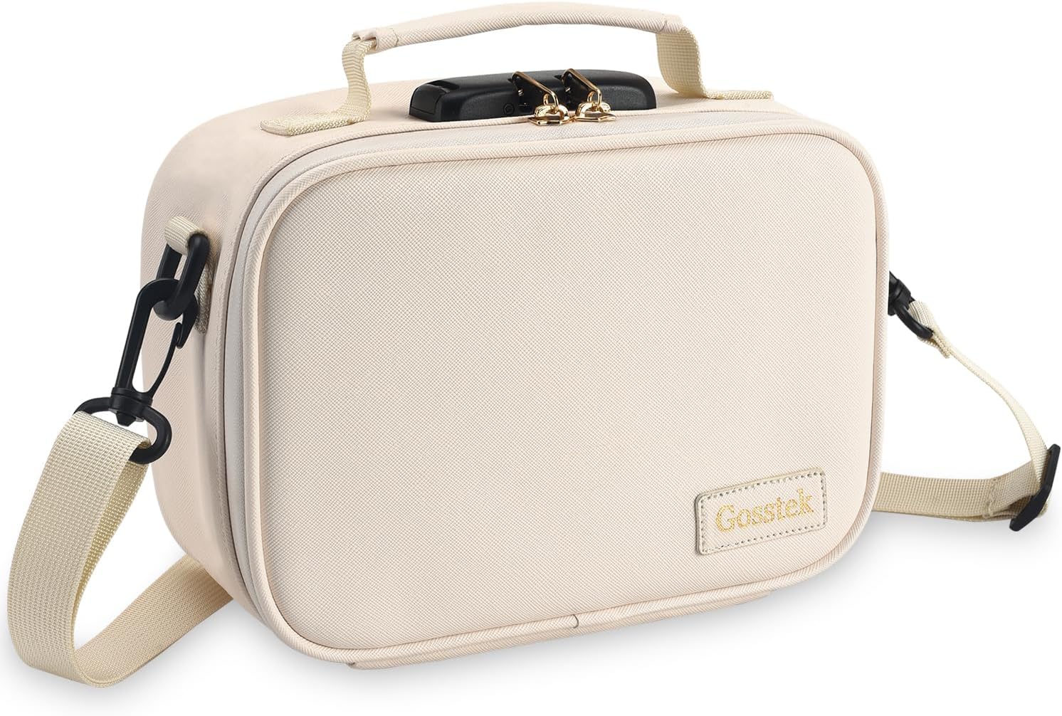 Gosstek PU Leather Travel Odorless Bag with Combination Lock, Premium Smell Proof Box case, Durable Food Container Box for Home and Travel, Beige, Medium.