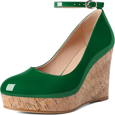 SAMMITOP Wedge Heels for Women Platform High Heel Wedges Closed Round Toe Comfy Espadrilles Ankle Strap Pumps Dress Shoes 4 Inches