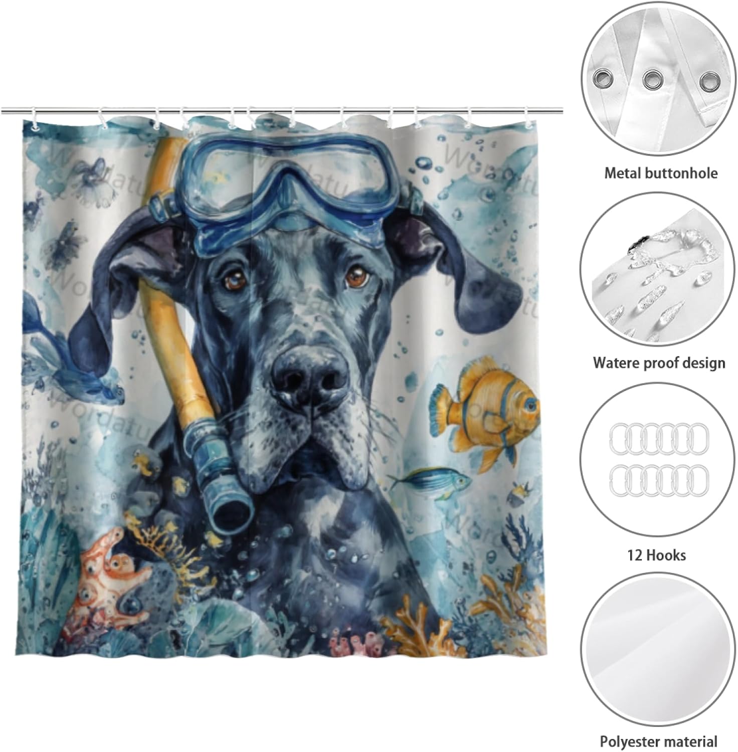 Funny Great Dane Shower Curtain Teal Blue Sea Ocean Waterproof Fabric Shower Curtains for Bathroom with Animal Starfish Nautical Bathroom Curtain 72x72 Inches