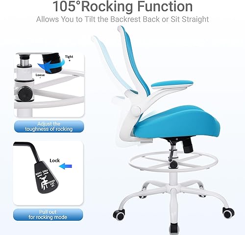 Vista 4 de HYLONE Silla de dibujo alta de oficina con reposabrazos abatibles, silla ergonómica para computadora con soporte lumbar, reposapiés ajustable, Azul