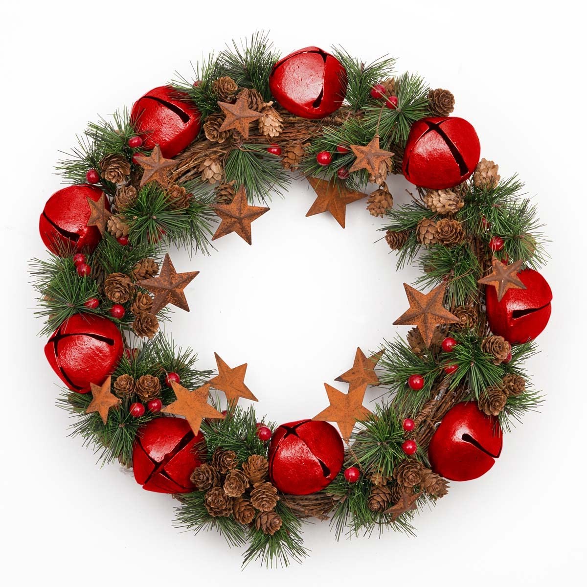Shatchi Red 40Cm Christmas Wreath With Jingle Bells Stars Pine Cones Berries Leaves For Outdoor Xmas Home Office Mantelpiece Decorations