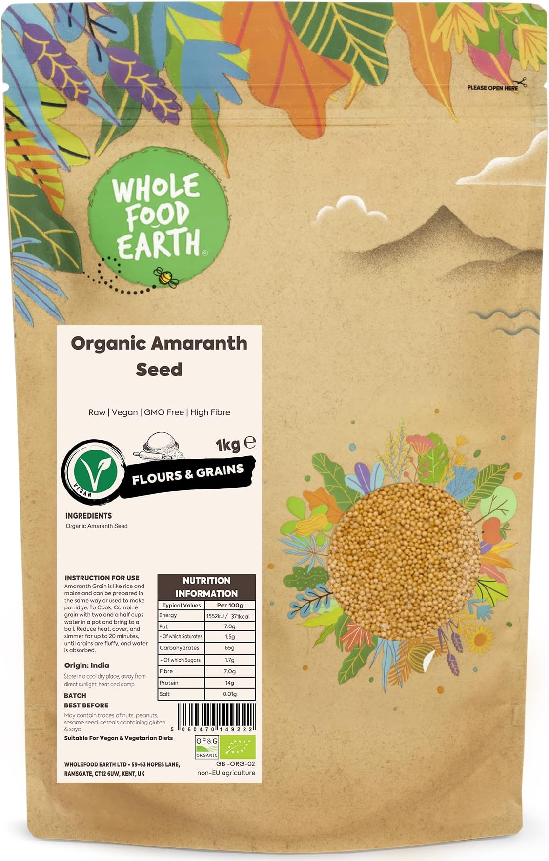 Wholefood Earth Organic Amaranth Seed – 1 kg | Raw | Vegan | GMO Free | High Fibre | Certified Organic