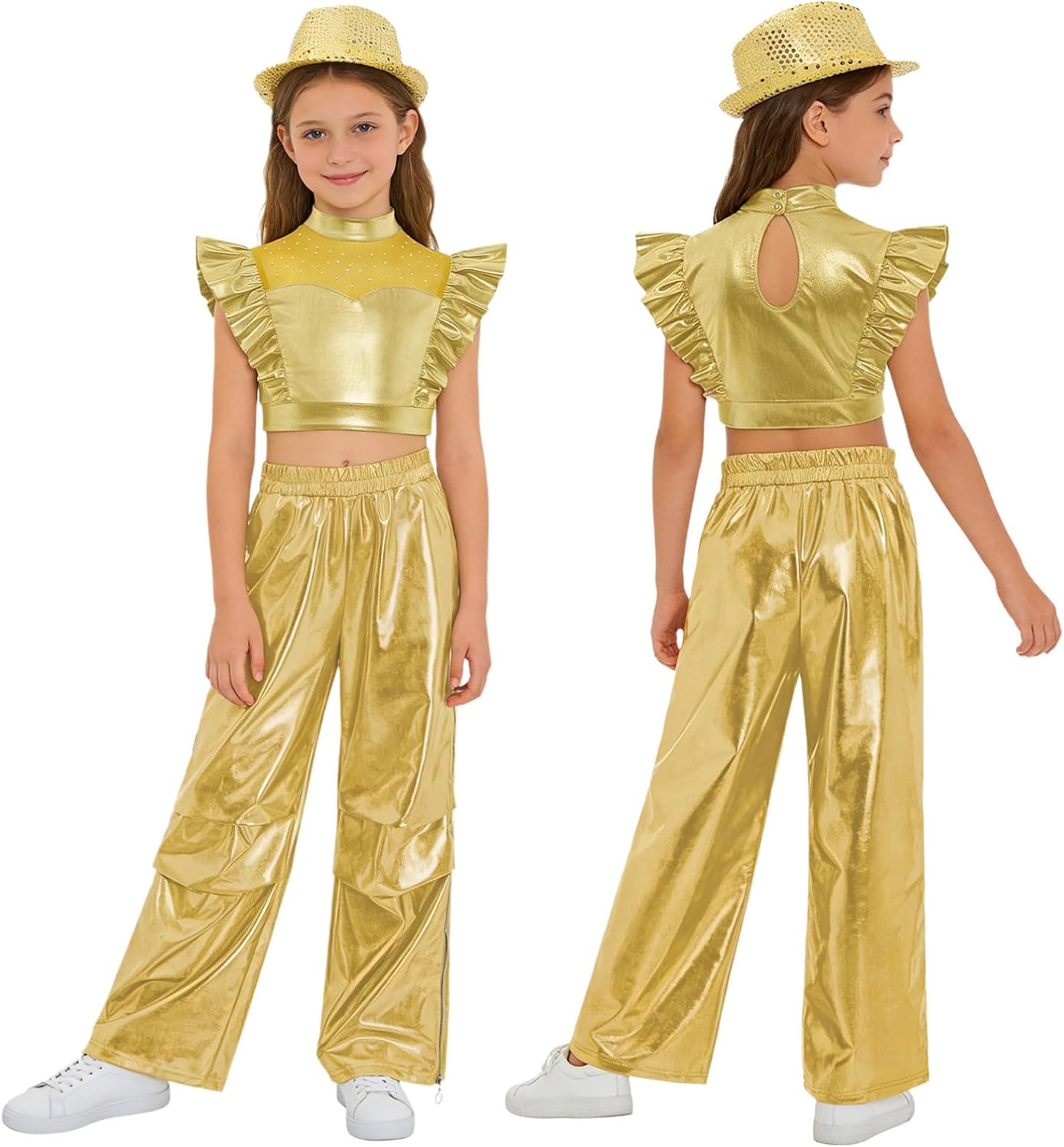 dPois Kids Girls Jazz Dance Outfit Metallic Ruffle Crop Top Tear Away Side Zipper Shiny Cargo Pants Gold 14 Years