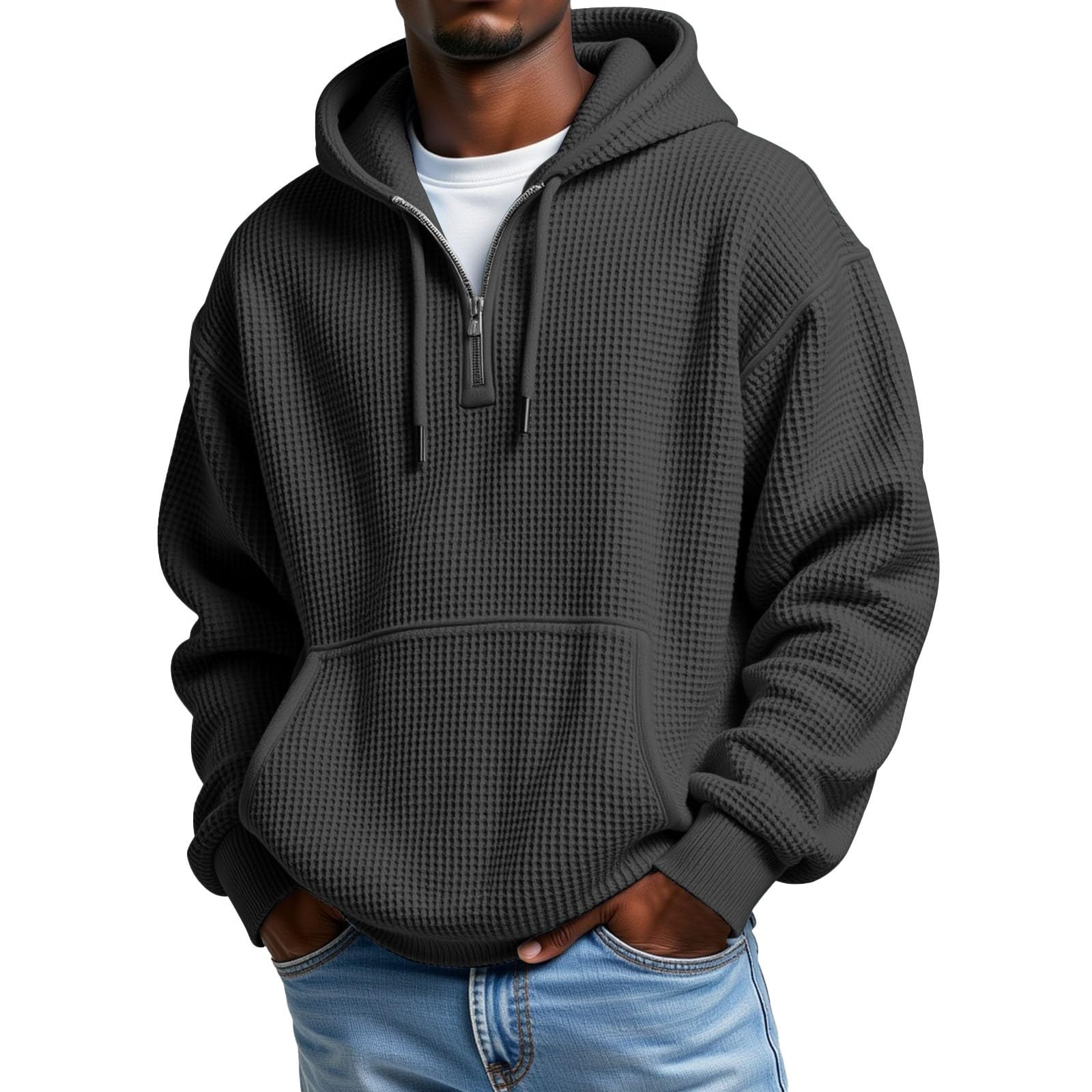 Mens Hoodies Pullover Quarter Zip Casaul Long Sleeve Drawstring Waffle Knit Hooded Sweatshirt with Pocket