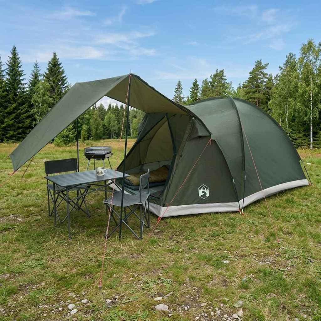Tente de cabane avec toit vert militaire 4 personnes polyester et acier 398 x 260 x 177 cm imperméable avec porte zippée et housse de pluie pour camping vacances en famille