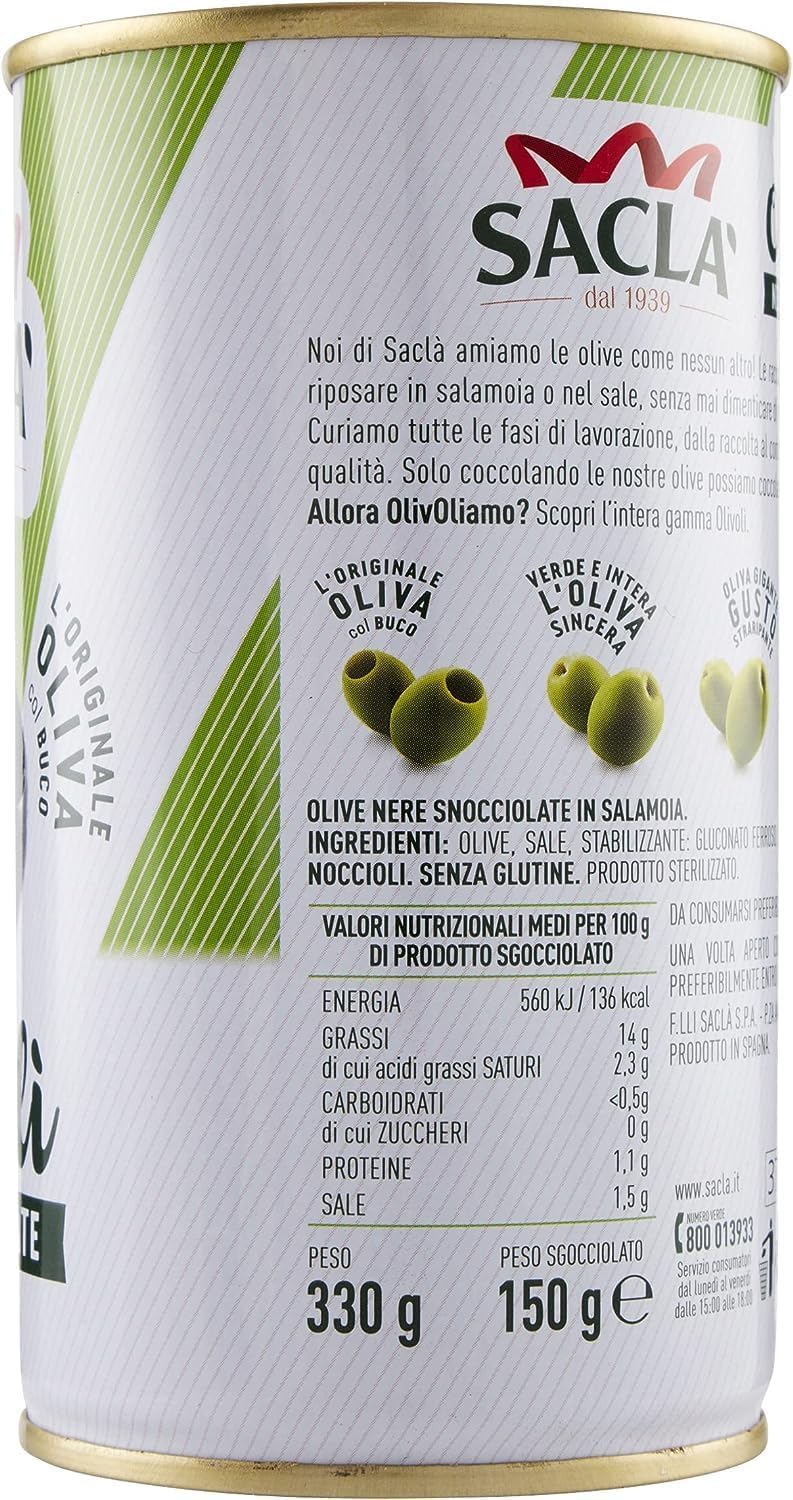 Saclà, OlivOlì, Olive Nere Denocciolate, Ideali per Insalate e per Arricchire i Tuoi Piatti, Lattina, 330g (150g sgocciolato), Confezione da 12 pezzi
