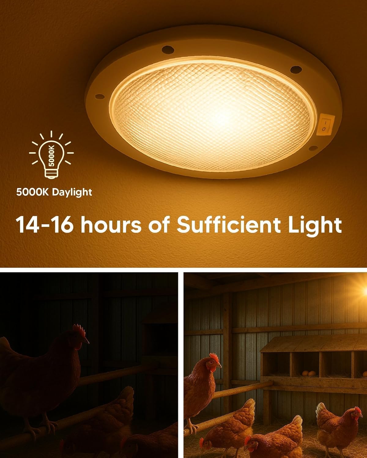 Chicken Coop LED Light with Timer, Automatic Daylight Extender Boost Egg Production IP 65 Waterproof, Provides Additional Light for Hens, Easy Installation