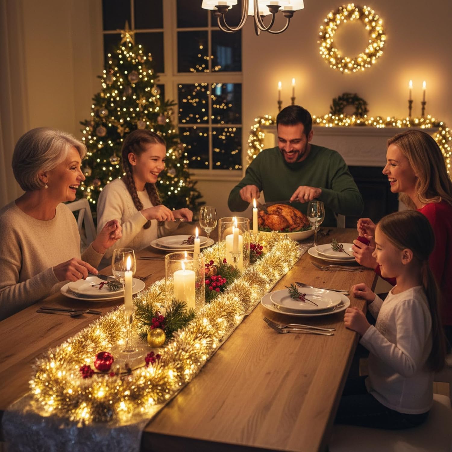 Ceenna 2 Pcs 32.8 ft Christmas Tinsel Garland with 32.8ft 100 LED Lights for Wall Mounted Hanging Xmas Tree Party Christmas Room Decor, Wedding, Birthday, Party Supplies (Gold,Warm White) - Image 7