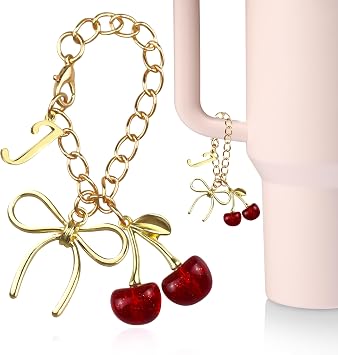 Gold Letter Charms with Bow and Cherry for Stanley Cup Accessories,for Stanley Handle 40Oz Tumblers,Water Bottle CupInitial Keychain for Women