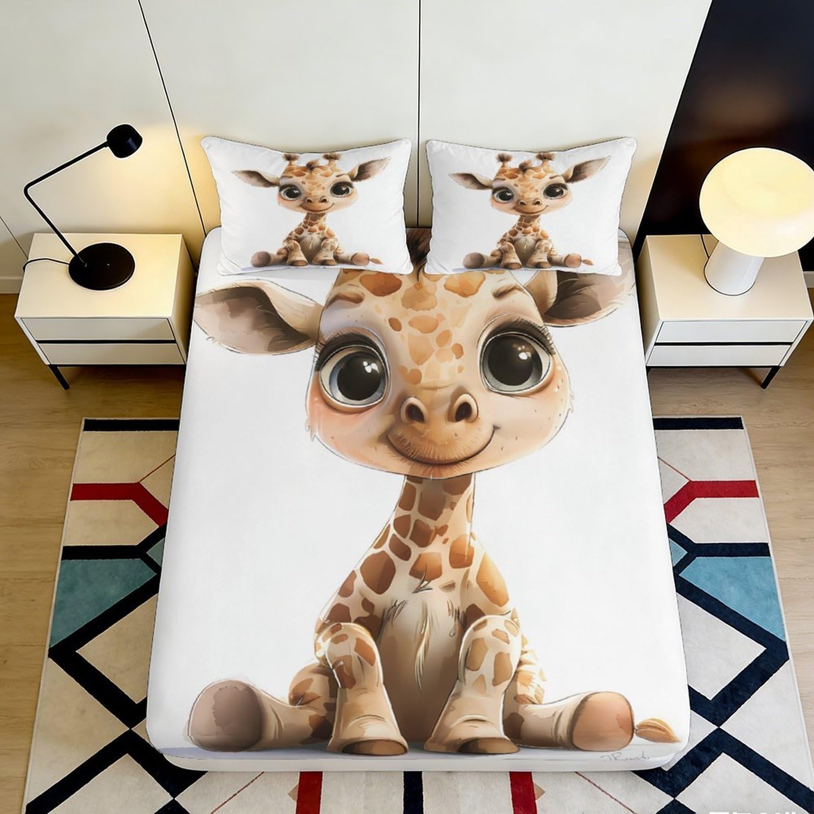 3D Printed Cute Giraffe Fitted Sheet Microfiber Soft Anti-Slip Animal Cartoon Mattress Cover for Bedroom Dorm Room Decor 140x200x25cm