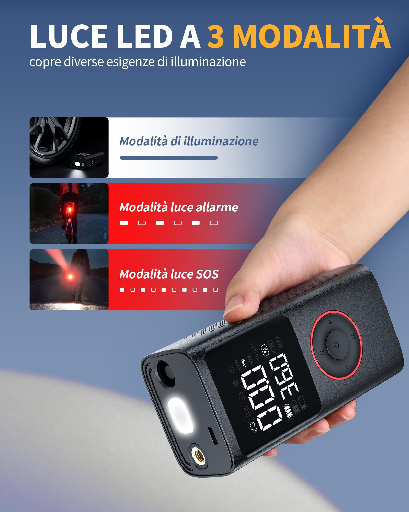 Powools Compressore Aria Portatile Auto – Mini Pompa Elettrica per Bicicletta, Gonfiatore Wireless con Manometro Digitale, Spegnimento Automatico e Luce LED, Nero, 9.00x4.80x13.70cm