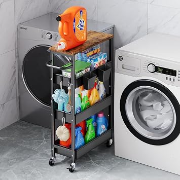 4 Tier Slim Rolling Storage Cart, Metal Narrow Kitchen Cabinet with Wheels, Laundry Room Organization and Storage Shelf for Between Washer and Dryer, 8In Skinny Detergent Organizer for Small Space
