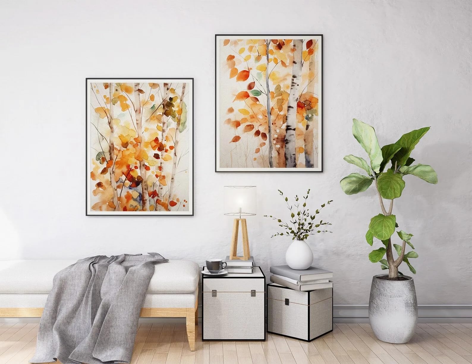 LTjiajuypd Quadri moderni su tela con betulle autunnali e foglie di pioppo tremulo per decorare il soggiorno (60x80 cm - 2 pezzi)
